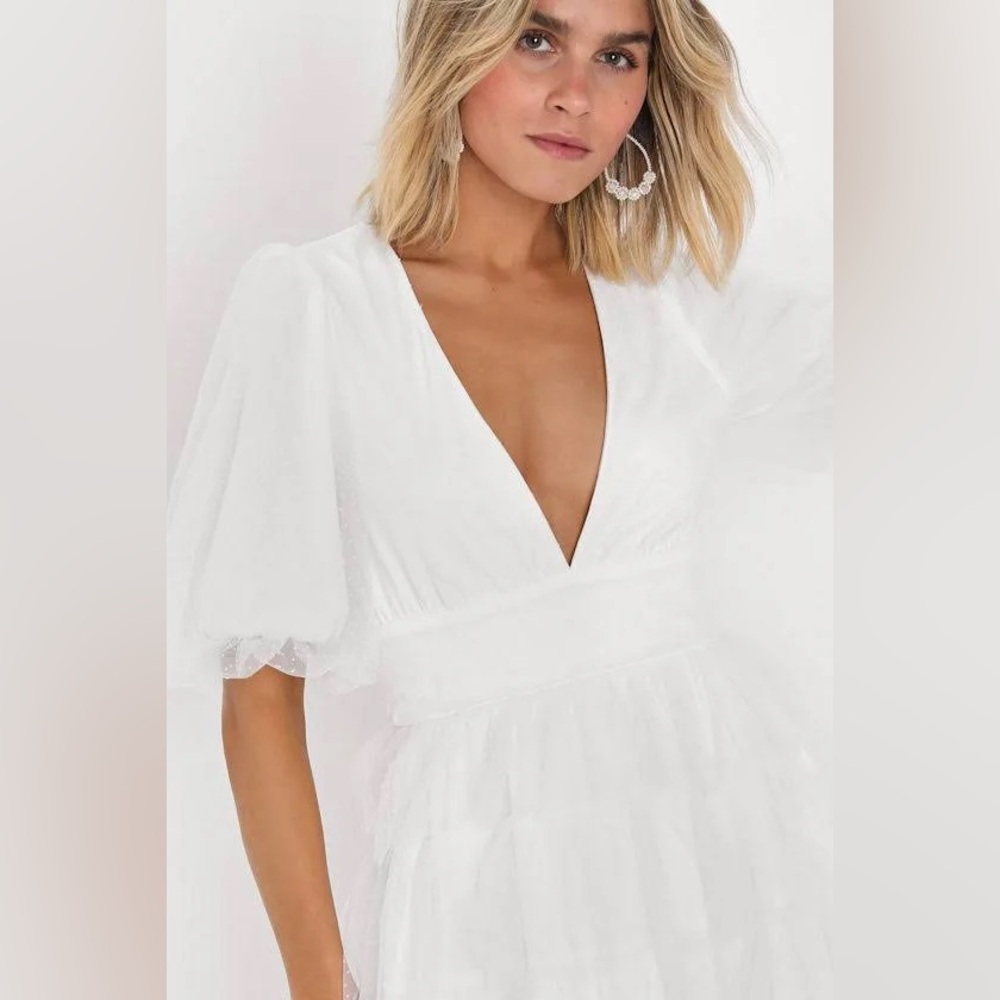 Lulus Dot Tulle Puff Sleeve Tiered Mini Dress - Picture 2 of 7
